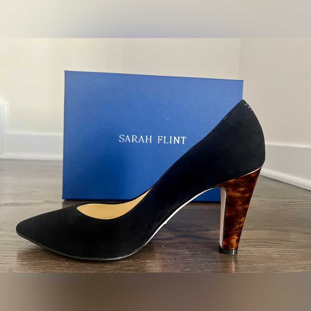 Sarah Flint Perfect J Pump 85 Black Suede with tortoiseshell block heel